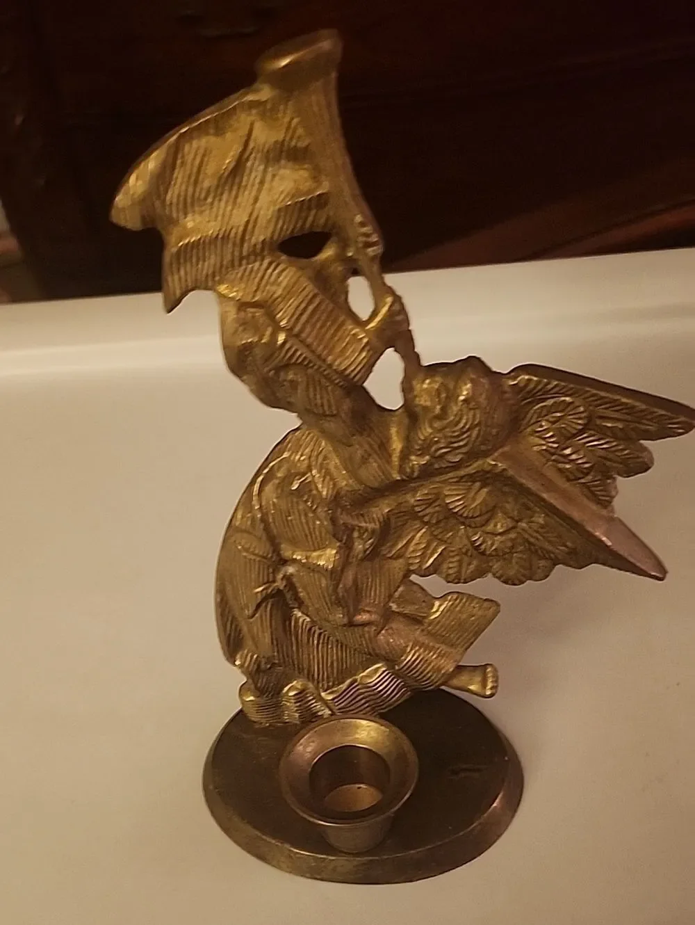 Brass Angel Candle Holder - Ornate Winged Figure